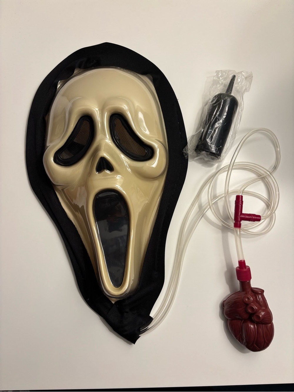 Vintage Scream Mask with Black Hood and Red Heart Pump